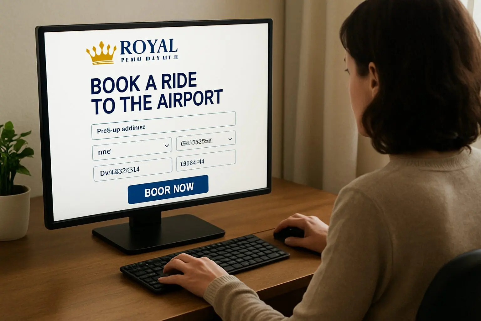Royal airport car service - royal shuttle and transportation - nh - best rates for airport transfers - professional car service for nh Woman on computer booking a car to the airport for Royal Airport Service