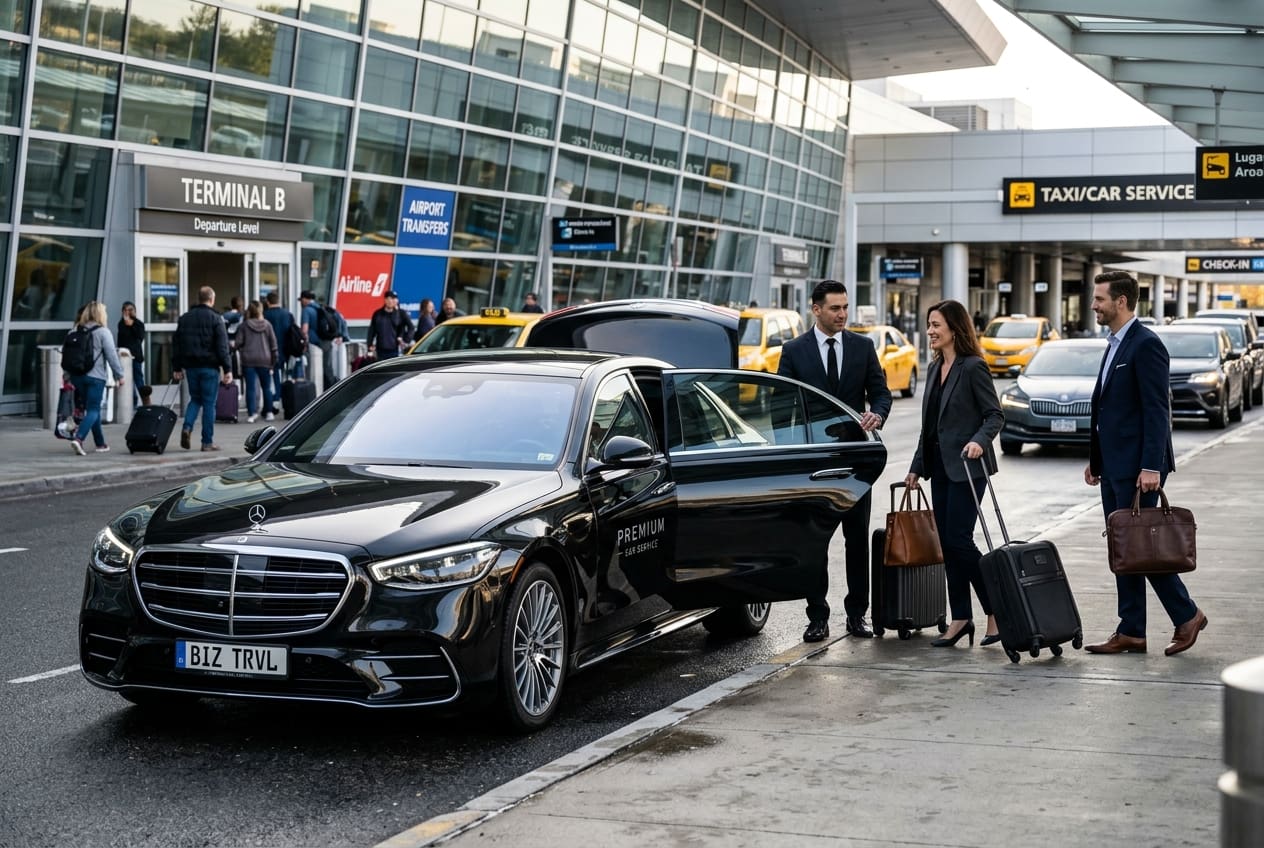 Car service for business travel - royal shuttle and transportation - nh - best rates for airport transfers - professional car service for nh Black luxury taxi with open rear door as driver assists three business travelers with rolling luggage at airport terminal curbside (Terminal B)