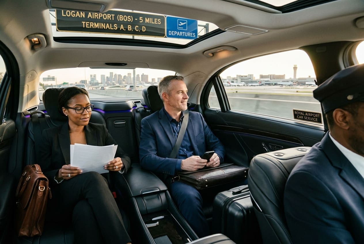 Traveling to logan airport in royal airport car service - royal shuttle and transportation - nh - best rates for airport transfers - professional car service for nh Two professionally dressed travelers sit in a luxury airport car, woman reviewing papers as man checks his phone, with city runway outside the window.
